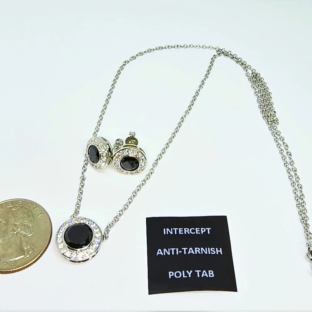 Simulated Black and White Diamond Halo Pendant Necklace 20 in and Stud Earrings